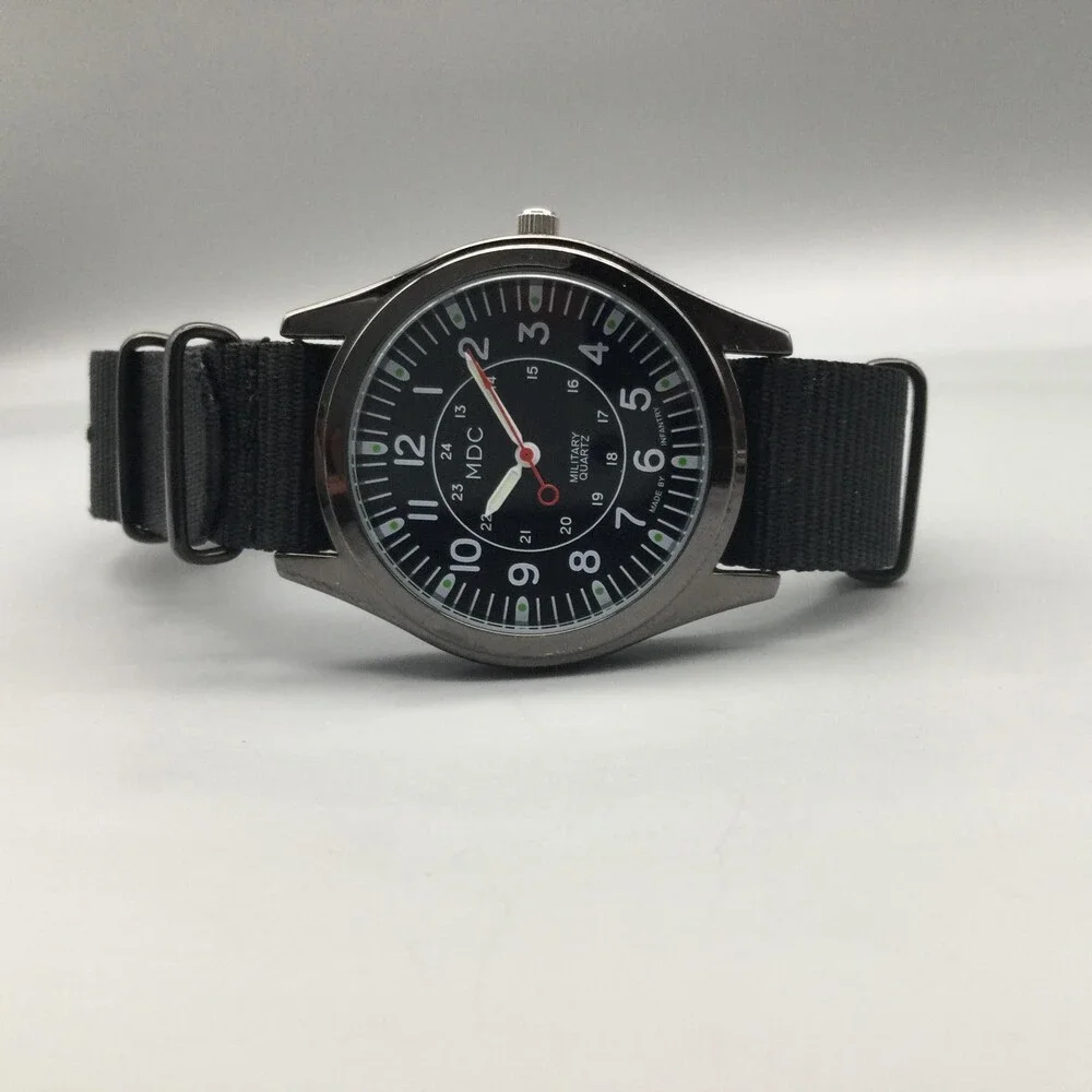 MDC Military Quartz Mens Watch 40mm Black Dial Silver Tone Nylon New Battery
